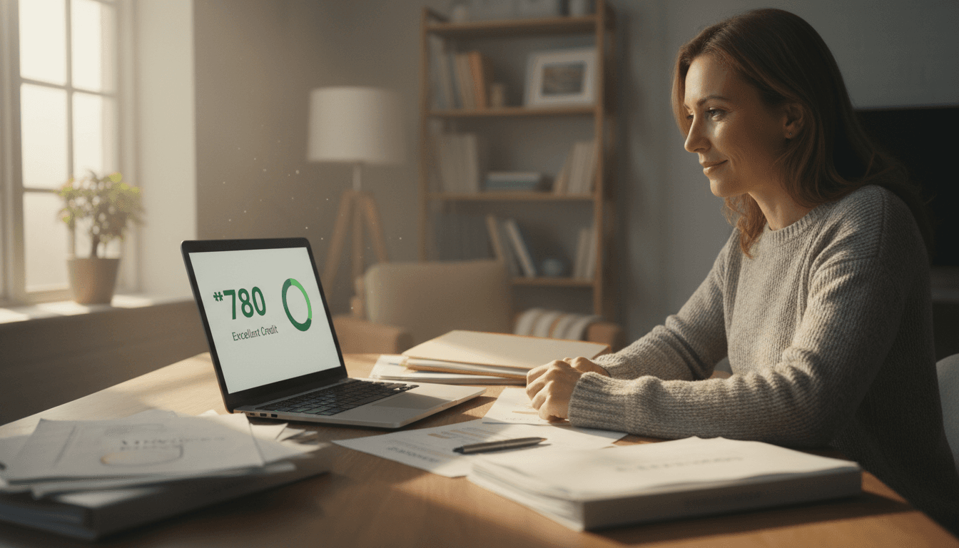 Person reviewing credit repair progress on laptop at home desk