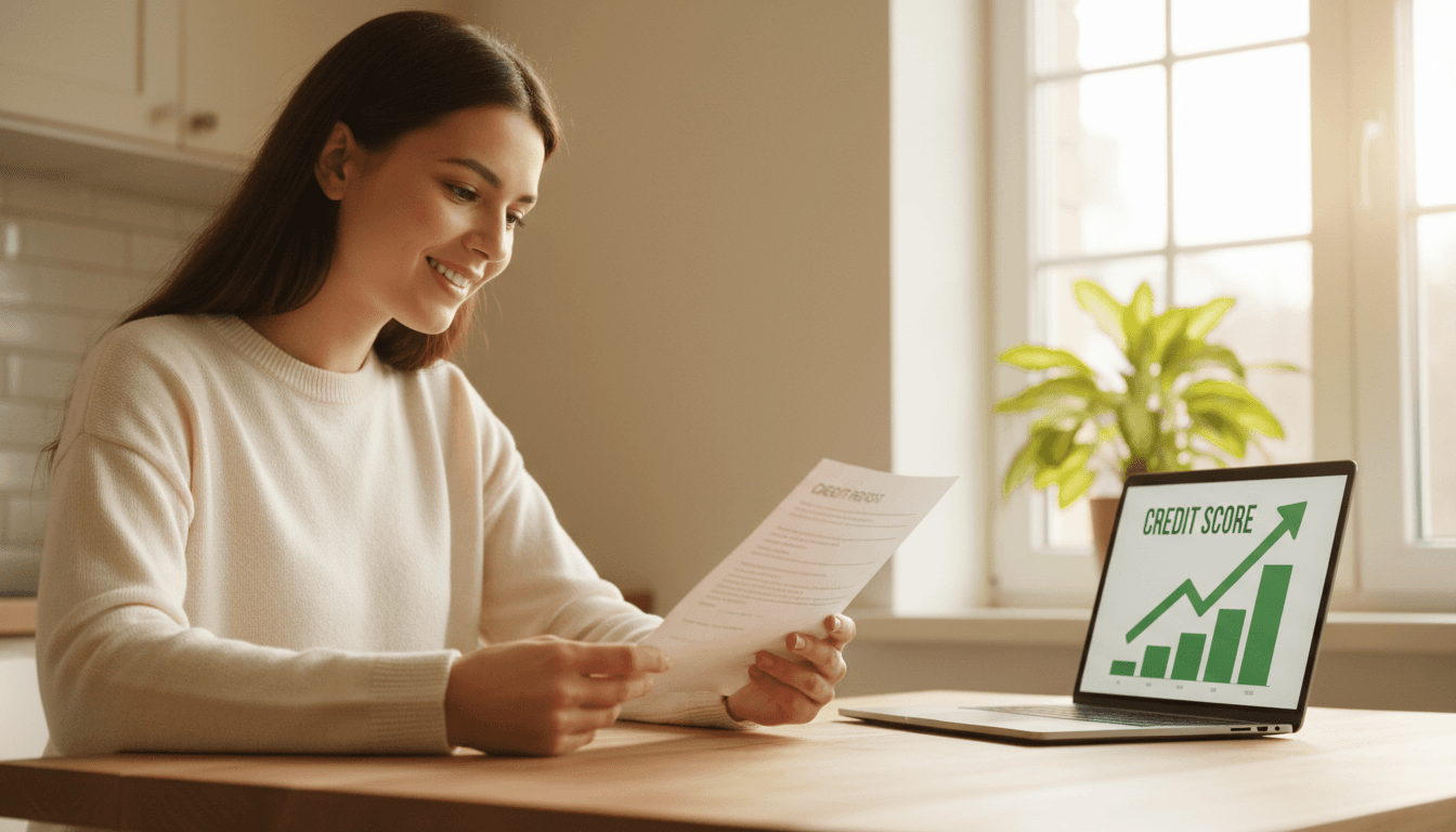Person reviewing credit report with upward trending credit score visible, expressing relief and optimism